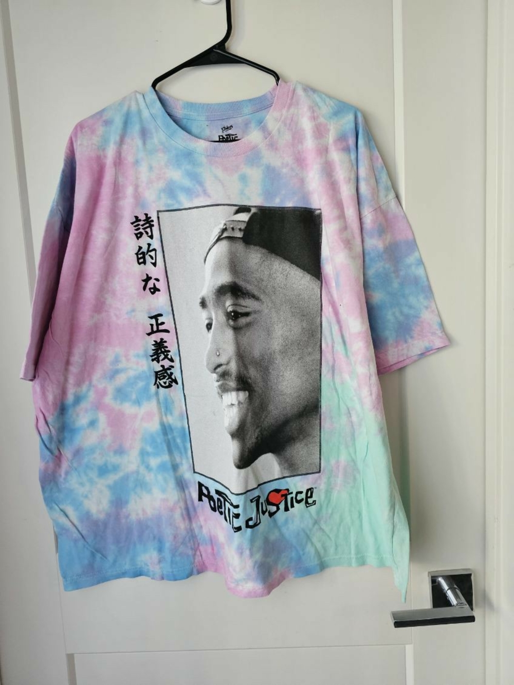 Tie-Dye Graphic Tee with Portrait and Japanese Text